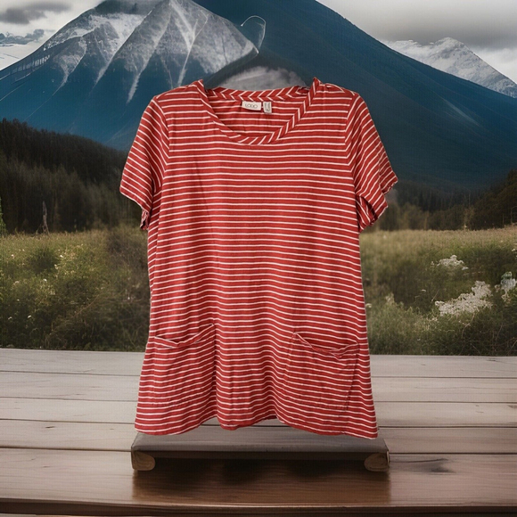 2X LOGO Cute Mauve Striped Babydoll Flared Cotton Top W Pockets - Picture 2 of 8